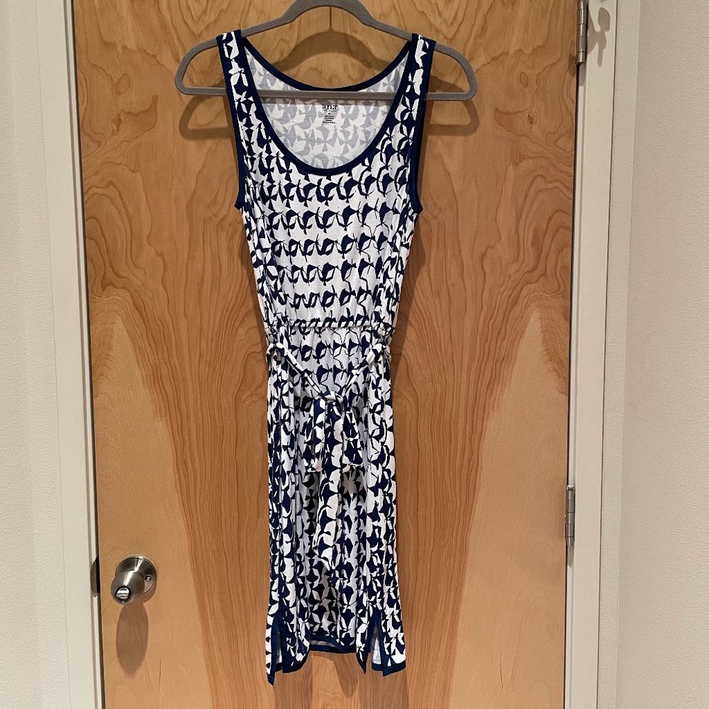 Midi knit tank dress with belt in blue & white, size M - EUC